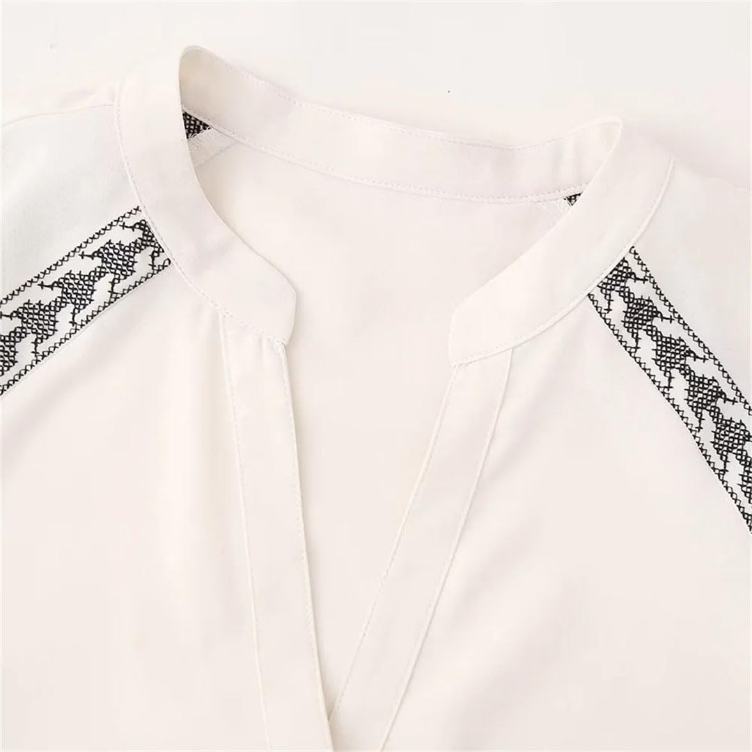 Donne Primavera Scollo a V Manica Lunga Monopetto Allentato Top Contrasto Ricamato Cover Up