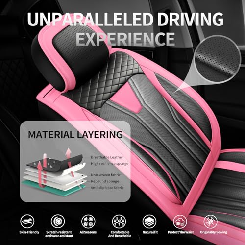 Image of Car Seat Covers Compatible with Chevy Equinox 2011-2026, Premium Leather Breathable, Wear Resistant, Airbag Compatible, All-Weather Protection & Full Coverage, 2 Front Seat Pink&Black