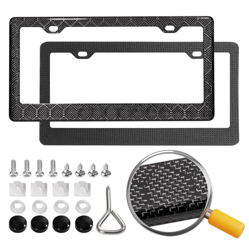 Real Carbon Fiber License Plate Frame, 100% Pure Carbon Fiber Frame, Black License Plate Holder Cover with Screw Caps, Anti-Vibration Pads, (Soccer Print 2 Hole)