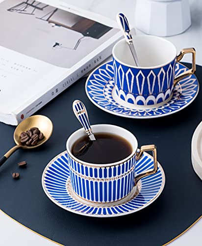 Jusalpha Set Of 4 Elegant Modern Blue And Pink 7.4 Oz Teacups And Saucers Set-Coffee Cup With Sauce And Spoons, Tcs27 (Blue/Pink, Serve Of 4) #TOP4