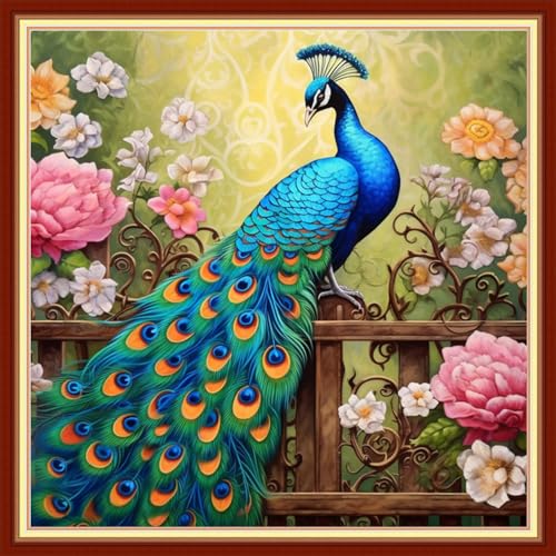 Image of Dooxvey Cross Stitch Kits for Adults Beginners - Full Range of Cross-Stitch & Embroidery Kits - 11CT Patterns - Peacock Flowers - 18x18 inch
