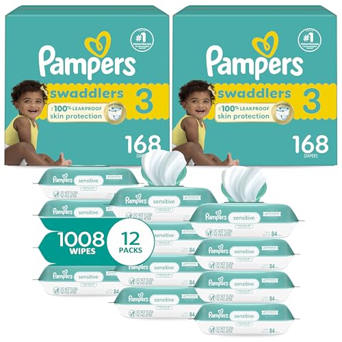 Image of Pampers Swaddlers Disposable Baby Diapers Size 3, 2 Month Supply (2 x 168 Count) with Sensitive Water Based Baby Wipes 12X Multi Pack Pop-Top and Refill (1008 Count)
