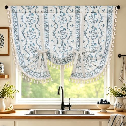 Image of Yinhua Boho Tie Up Curtains for Windows Vintage Linen Valance Light Filtering Floral Valance Rod Pocket Rustic Adjustable Tassel Window Valances for Bathroom, 42 inch W X 45 inch L, White Blue