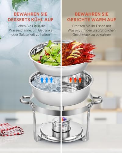 Wilprep 2er Set Rund Chafing Dish Set 5L Speisenwärmer Edelstahl Buffet Wärmebehälter Suppenwärmer Bain Marie Speisen Warmhaltebehälter für Restaurants, Buffets, Schulen – Bild 5