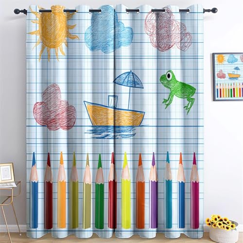 Cortinas Opacas para Dormitorio 140An x 260Al cm (2 Paneles) Opacas con Cortina Barco con Sol y Nubes, Rana, Manzana Aislamiento Térmico para Salón Oficina Hotel Decorativas con OjalesColor