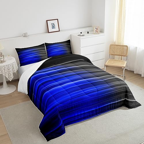 Image of Feelyou Abstract Ombre Bedding Set King Size, Blue and Grey Comforter Set Kids Toddler Geometric Abstract Ombre Comforter Gradient Lines Duvet Set Breathable Bed Set 3Pcs