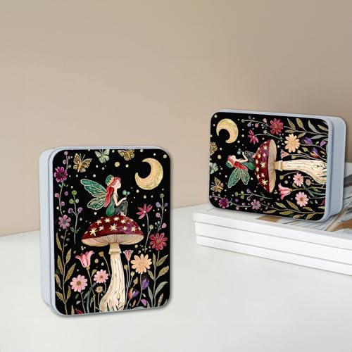 Image of Metal Tin Box with Lid for Game Cards Home Organizer Candles Keys Crafts Storage - Equipped with 4 Magnetic Cord Clips,Mushroom Fairy and Moon