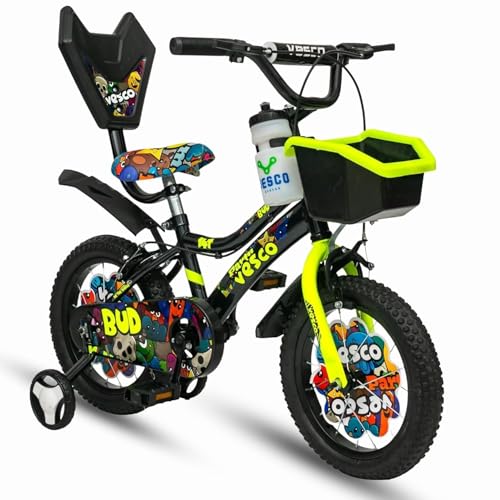 Image of VESCO BUD14T Kids Cycle for Boys & Girls, 14T Cycle for Kids with Balance Wheel, Back Rest & Rigid Fork |9 Inch Frame Size | Ideal for Ages 3-6 Years (Green /Black)