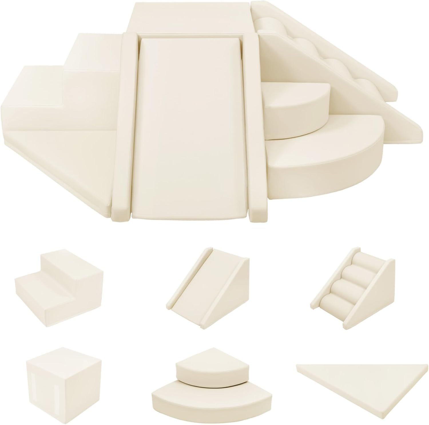 Indoor Kids Climb & Crawl Soft Foam Block Activity Play Set – 9-Piece Toddler Climbing Toys, Baby Crawling Play Equipment, Child Playtime Corner Climber Foam, PU Cover, High-Density Sponge (Beige)