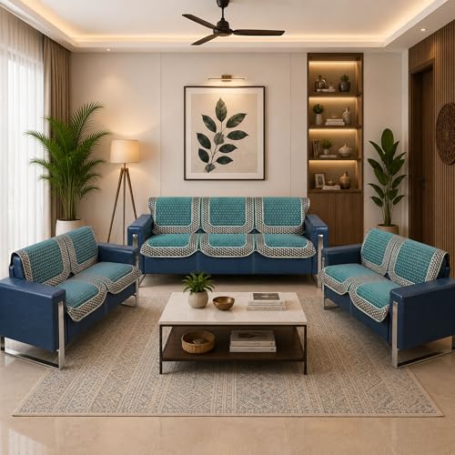 Image of Premium Chenille Woven Anti-Slip 7 Seater Sofa Cover | L-Shape Sofa Seat Protector for Living Room | Durable & Stylish Slipcover - Turquoise - 3D