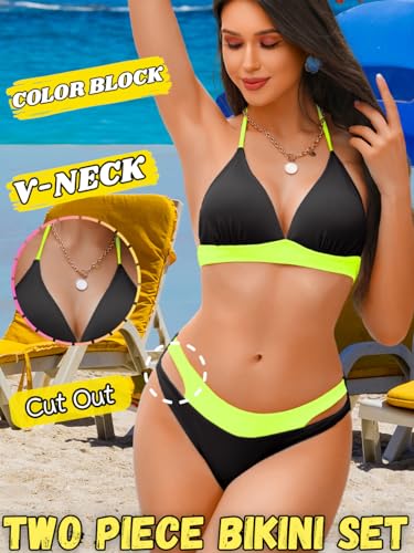 Women Sexy Ribbed Color Block Bikini Sets, Halter Triangle Two Piece Swimsuit, Cut Out Low Rise Cheeky Bathing Suit2