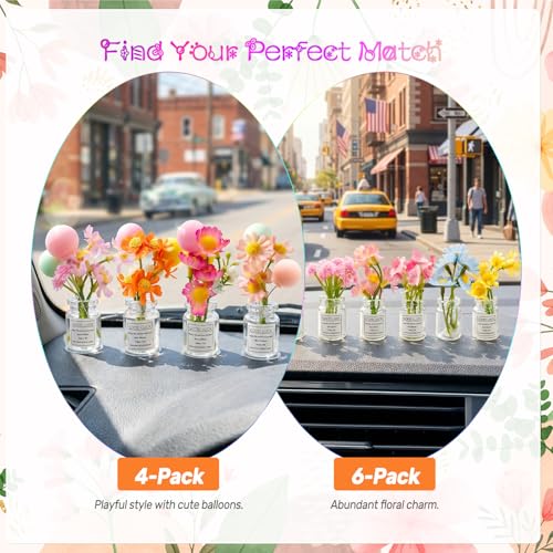 Image of CusDusk 4 Pcs Flowers with Ballons Car Vent Clips, Cute Daisy Plants Vase Air Conditioning Outlet Clip with Fragrance Pads, Charm Scent Perfume Automotive Interior Decorations for Women