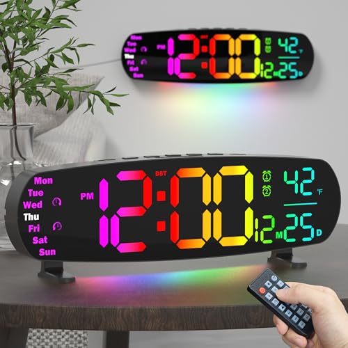 ANALOI Digital Wall Clock, 13.7 Inch Large LED Display with Temperature and Date, Remote Control, Auto Dimming RGB Night Light, Alarm, Timer and DST