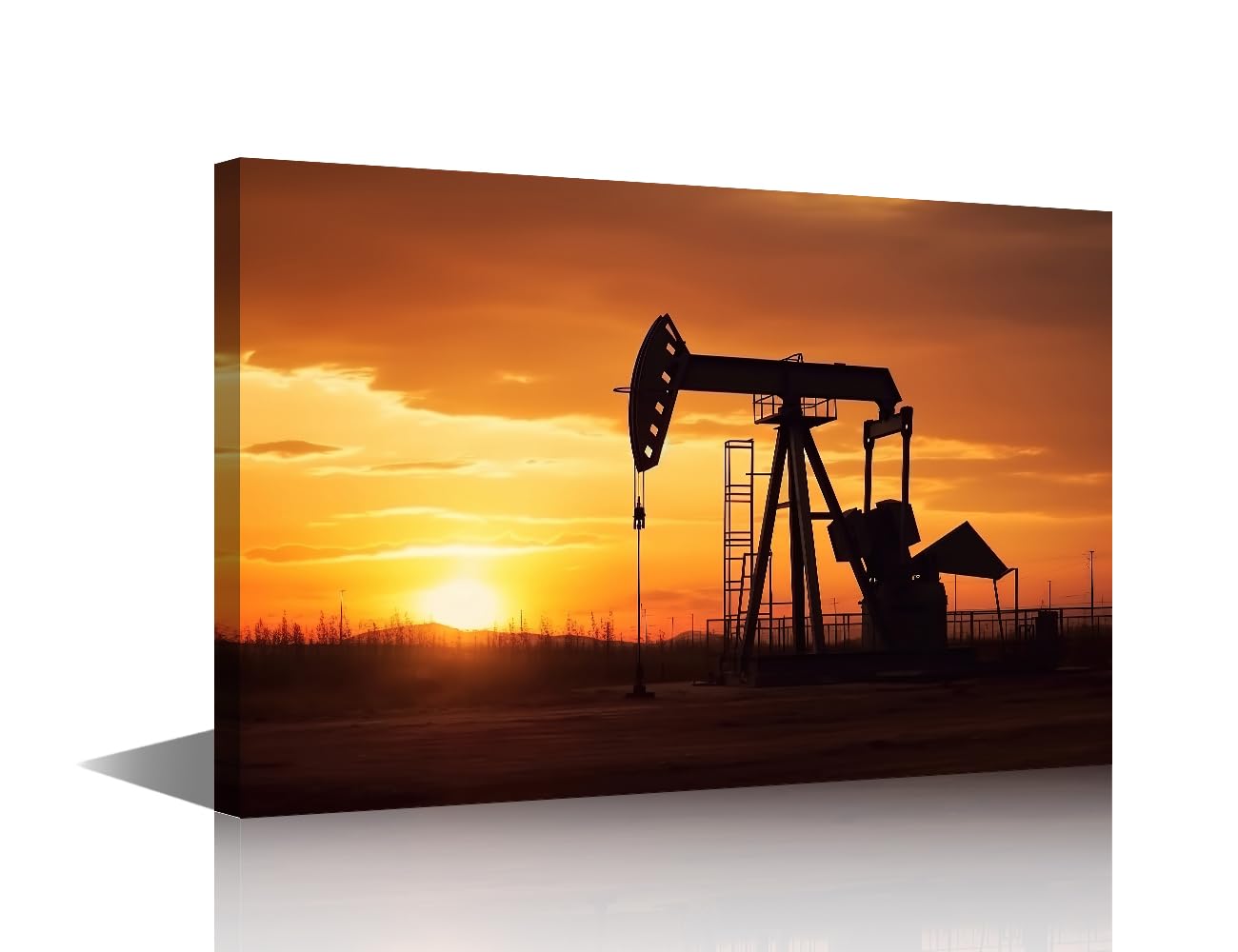 Canvas Wall Art 1 Piece Oil Pump Plant Energy Industrial Machine in Sunset Background Pictures Print on Canvas for Home Decoration Giclee Artwork Stretched Framed Ready to Hang 18x12 in