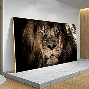 Afrikaanse Grote Leeuw Dieren Gezicht Canvas Schilderijen Muur Art Goud Frame Prints Dieren Leeuwen Art Pictures Voor Woonkamer 85x170cm/33x67in Gouden Frame