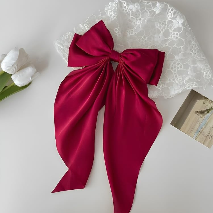 Image of FilterFashion Big Satin Layered Hair Bows for Women Girls 11.5 Inch Barrette Hair Clip Long Back Ribbon Bows French Style Hair Accessories (Maroon)