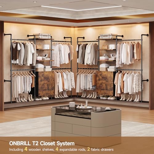 T3-Wall-Mounted-Industrial-Pipe-Closet-Organizers-Storage-System-Metal-Clothing-Rack-with-2-Drawers-6-Wooden-Shelves-4-Expandable-Rods-Heavy-Duty-Garment-Rack-Wardrobe-Rustic-Brown