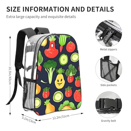 Cartoon Vegetable Fruit Print Work Travel Stadium Events Transparent Backpack PVC Clear Bag Large Side Pockets4