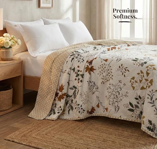 Image of VAS COLLECTIONS Cotton AC Blanket for Single Bed (152 x 225 cm) | Reversible Soft Lightweight All-Season Blanket | Skin-Friendly & Breathable Comforter (Golden Leaf Garden)