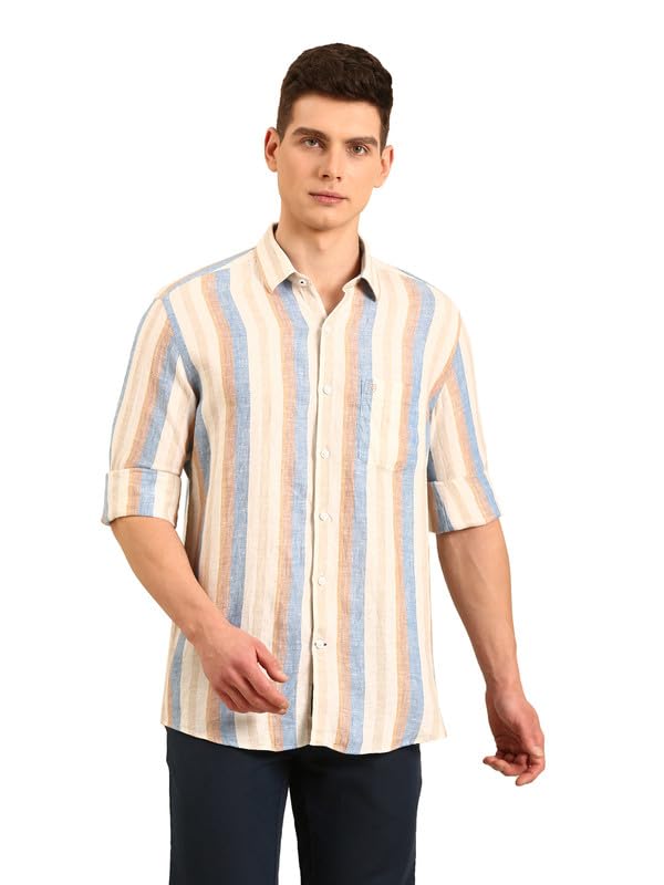 Image of Linen Club Men's Linen Rich Pink Striped Contemporary Fit Full Sleeve Casual Shirt