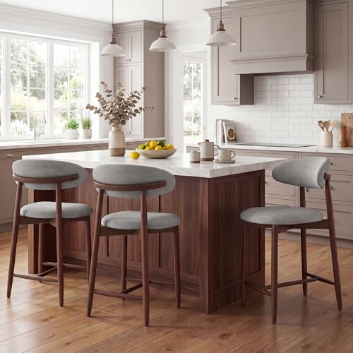 Image of MALOL Counter Height Bar Stools Set of 2, Kitchen Bar Stools with Back, Mid Century Modern Upholstered Barstools with Wood Legs for Kitchen Island Dining Room, Light Grey