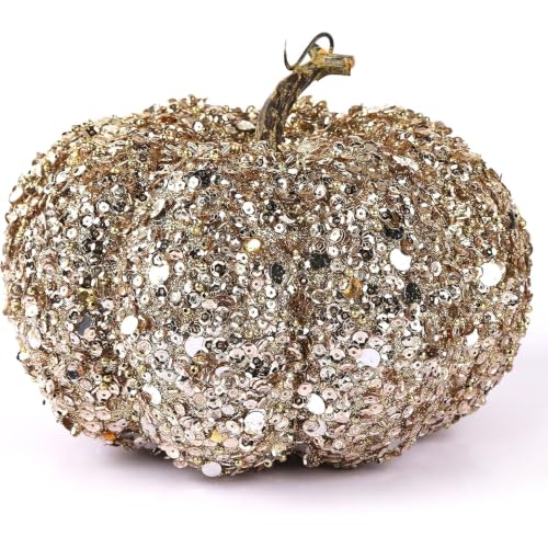 Image of DomeStar Artificial Glitter Pumpkin, Gold Pumpkin Harvest Table Centerpiece | Fall, Halloween & Thanksgiving Decorations