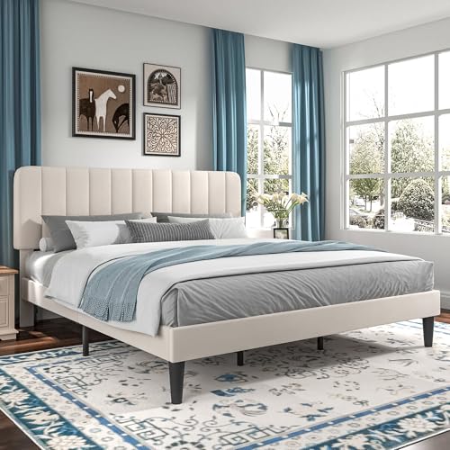 Image of VECELO King Size Bed Frame with Upholstered Headboard, Velvet Platform Bedframe Mattress Foundation, Strong Wood Slat Support, No Box Spring Needed,Velvet Beige