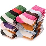 EBMORE キッズ メリノウール ソックス 幼児 男の子 女の子 暖かい 保温 冬 厚手 ハイキング ヘビー 快適 クルーブーツソックス 6足組, ストライプ, 8-12 Years