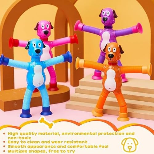 Image of Pop Tubes Sensory Fidget Toys for Girl Kid 6PCS, Suction Cup Dog Toy Autism Toddler Toys Autistic Airplane Travel Toys Cute Stocking Stuffer Gift Cool Toys for Kid