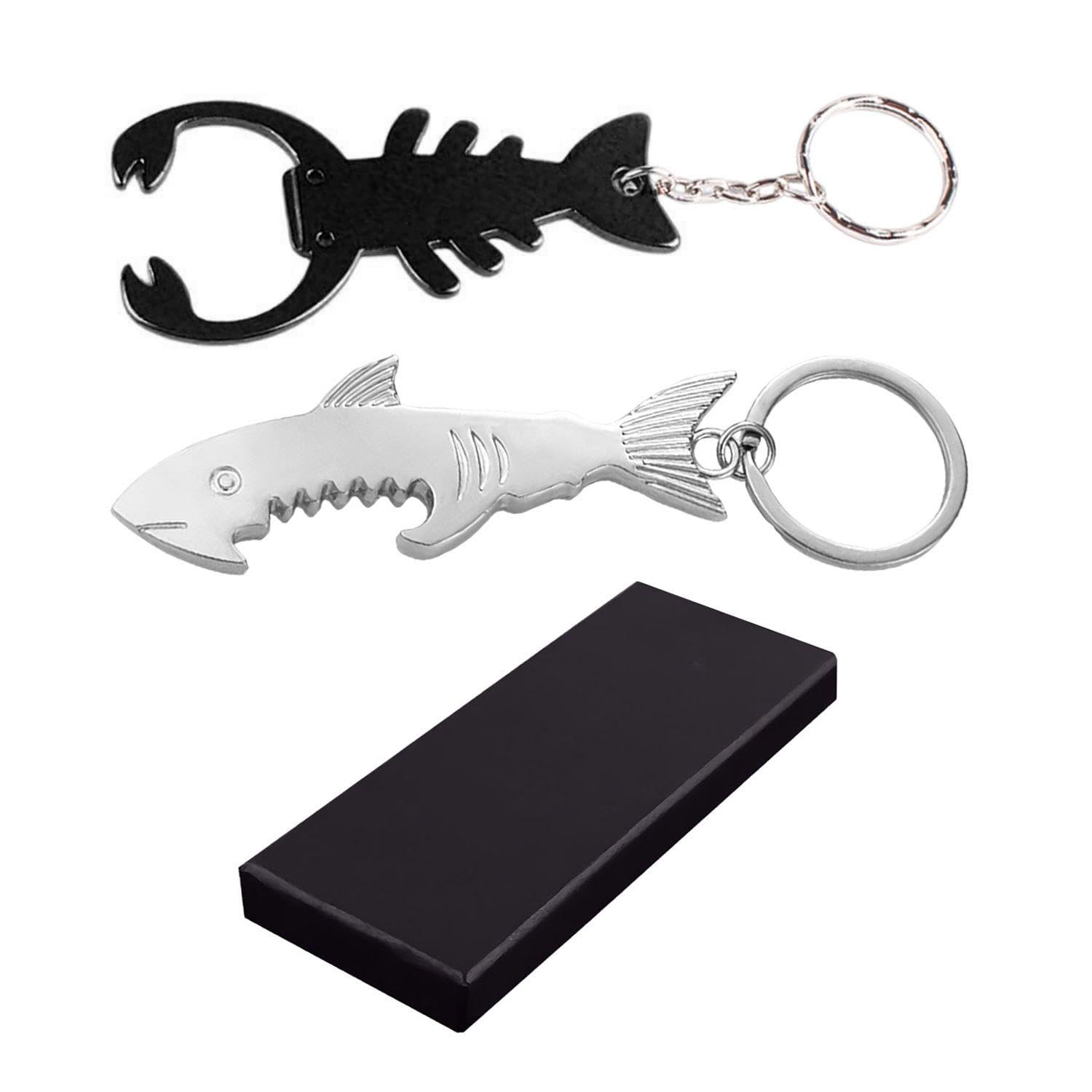 2 Piece Keychain Set including Bottle Opener - Shark and Fish Animal Design in Gift Box