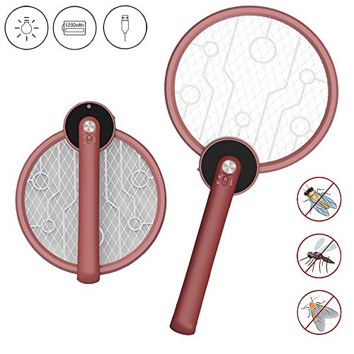 Elektrische Fliegenklatsche Fliegenfänger Moskito Zapper/Insektenvernichter USB Wiederaufladbare, Taschenlampe, 3-lagiges Sicherheitsnetz, für den Heim-, Innen- und Außenbereich HO-IK-02 (Rot)