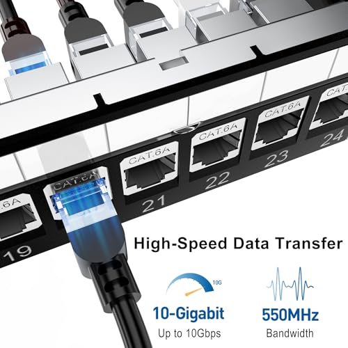 Image of Jadaol 24 Port Shielded Patch Panel Rack or Wall Mount 19-Inch, 1U Cat6A Network Panel Preloaded with 24 Keystone Couplers Plus 1 Spare, 10Gbps Ethernet Panel with Cable Management & Back Support Bar