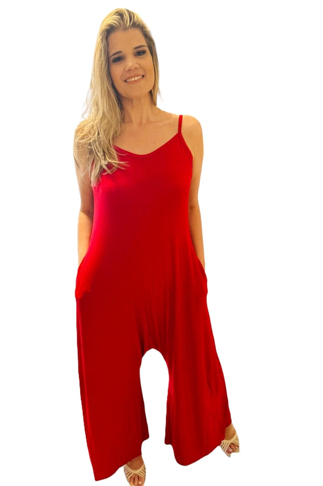 Macacão Pantalona Longo com Alças e Bolsos Laterais