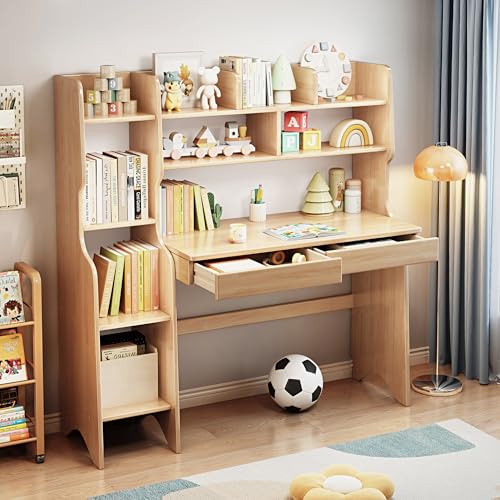 Image of Kids Desk＆Table with Shelves and Drawers Wooden Kids Media Desk Student Learning Computer Workstation and Writing Desk (Natural)
