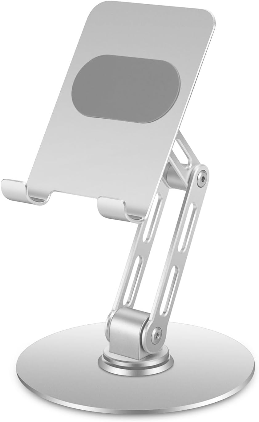 Adjustable Aluminum Phone Stand for Desk ,Phone Holder for iPhone & iPad | Weighted Metal Base for Stable Typing, Adjustable Height & 360° Rotation for Comfortable Desk Use