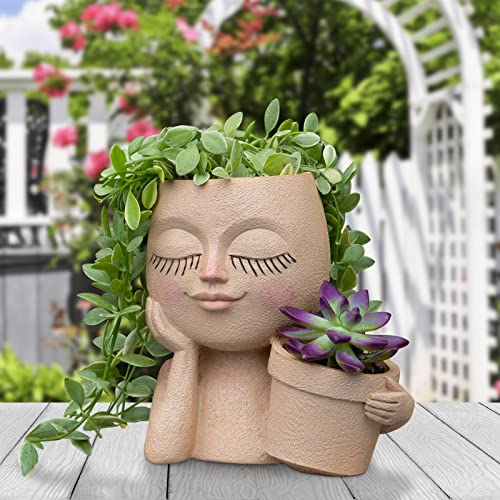 Lhocm Face Plant Pot - Double Flower Pots For Indoor Outdoor Plants Resin Head Planter With Drainage Hole Cute Lady Face Plant Pots, Unique Garden Decoration Planters #TOP1