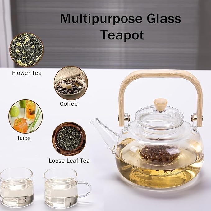 Image of PrimeWorld Borosilicate Glass Kettle - 900ml | Teapot with Removable Infuser, Lid & Handle | Stovetop Safe Tea Kettle for Loose Leaf Tea, Blooming Tea & Tea Bags