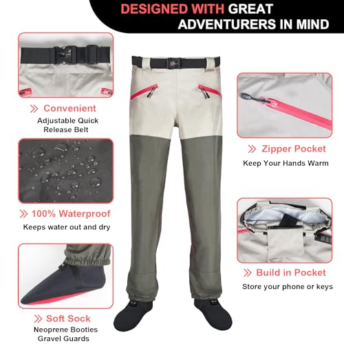 WONITAGO Cintura busto Waders – Calça de cintura Wading, 3 camadas respirável para pesca, com bolsos