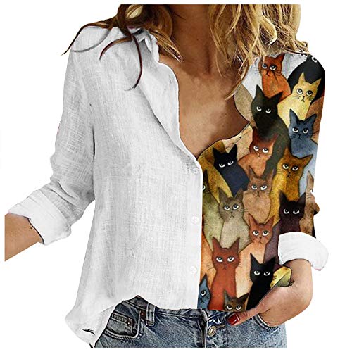 Darringls Chemisier Femme Blouse Col V Col Rabattu Poche Bouton Manches Longues Casual Motif de Chat Mode Tunique Haut Top Shirt Manche Longue Chemise