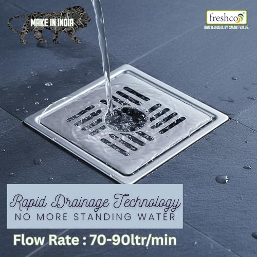 Image of Freshco 5x5 SS 304 Floor Drain Jali - Capsule Design (with Hole) - for Washing Machine Pipe - Includes Anti-Odor Cockroach Trap - Heavy Duty 1.5mm Thick Grating - Fits 110mm Pipe