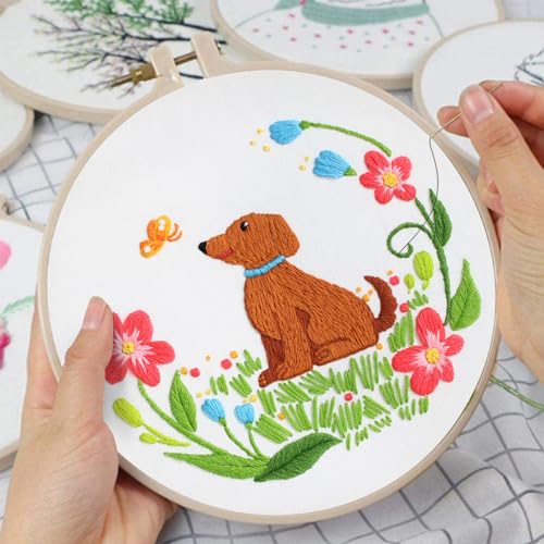 Image of Louise Maelys Dog Embroidery Kits for Beginners with Floral Pattern,Cross Stitch Kit for Adults DIY Needlepoint with Embroidery Instructions