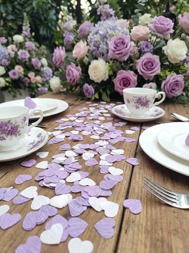 Image of Lilac White Crepe Paper 1 inch Heart Confetti for Table Decor Anniversary Violet Lavender Birthday Wedding Bridal Shower Girls Women Party Decorations 1000 Count