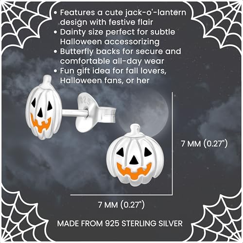 Pumpkin 925 Sterling Silver Stud Earrings, Halloween Dainty Festive Jewelry Gift (Jack O Lantern)3