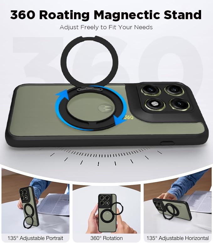Image of RIGGEAR Shockproof Sleek Hybrid Armor 360 Rotating Magnetic Ring Stand Back Cover Case Compatible with MagSafe Accessories for Motorola Moto Edge 70 Pro /Edge 70 Pro Plus (Clear PC + Black TPU Bumper)