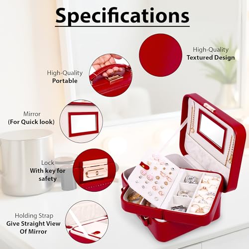 Image of BucketList PU Leather Jewellery Organizer Box with Mirror & Necklace Hooks | Large Multi-Compartment Jewelry Storage Case with Removable Tray & Mini Travel Box (Luxury Jewelry Box with Mirror (Red))