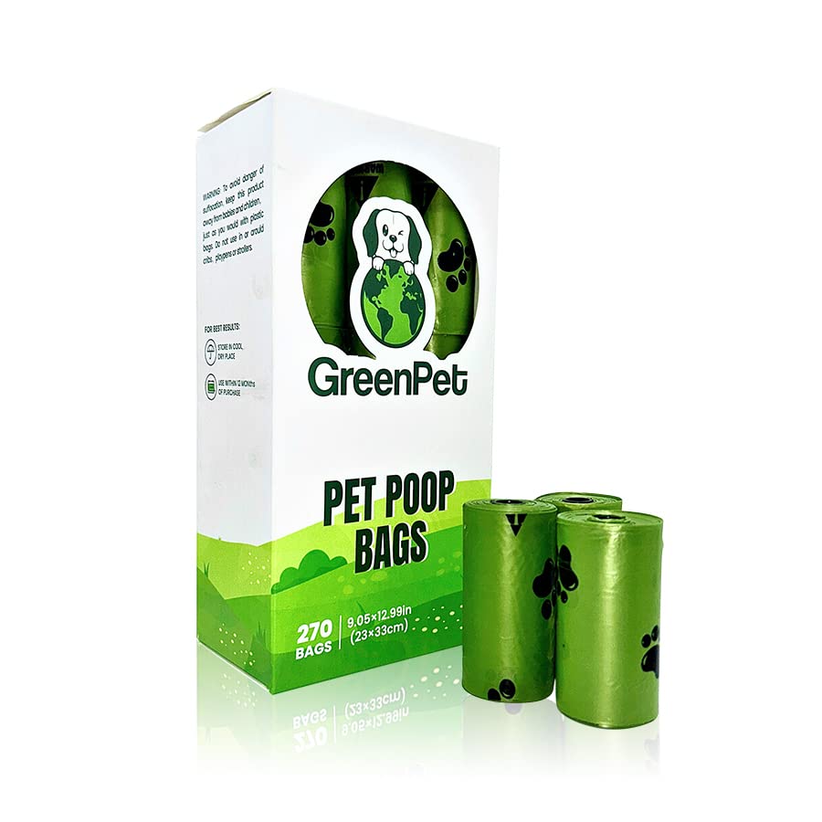 GreenPet Dog Poop Bags – Lemon Scented Leakproof Pet Poop Bags on a Roll; 18 Rolls = 270 Ultra-Strong, Durable, Fragrant 9x13 Poop Waste Bag Refills; Fits Standard Poop Bag Dispensers