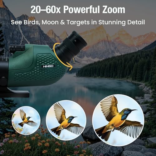 Image of HINISO Spotting Scope 20-60x60 HD Zoom Telescope with Tripod & Phone Adapter | BAK4 Prism, Waterproof Fogproof Scope for Bird Watching, Wildlife, Stargazing & Moon Viewing