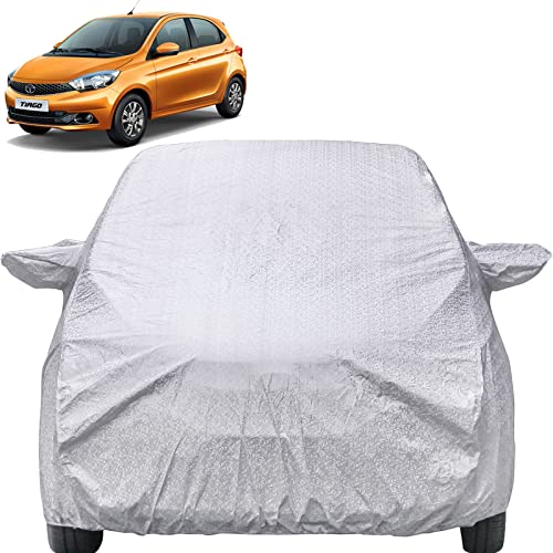 Image of Tiago Waterproof Car Cover with Mirror Pockets, Shinning Silver Design, Non Woven Fabric,Triple Stitched, Compatible with Tata Tiago Car Cover (2016 to 2024), Tiago Car Accessories