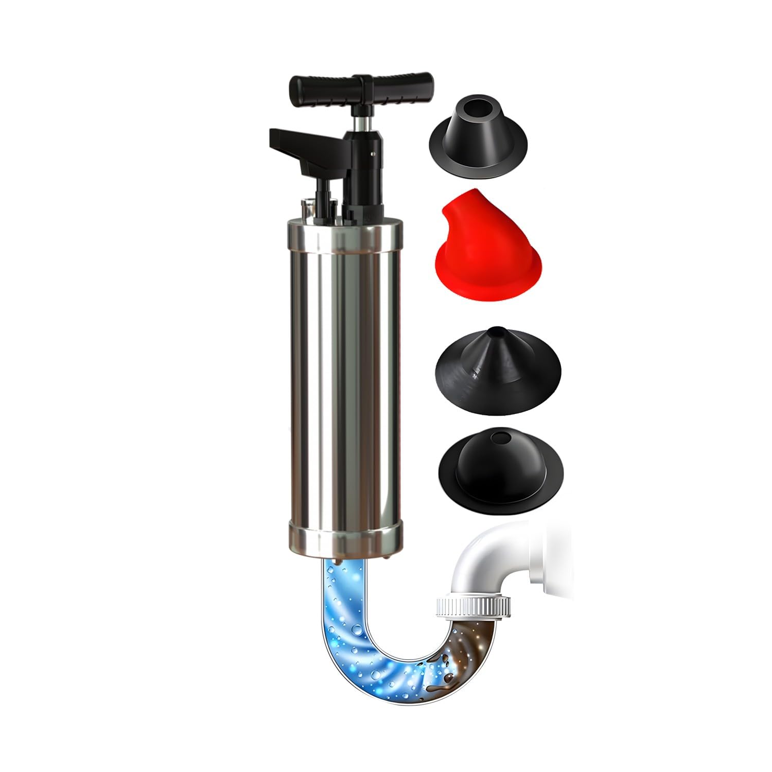 Stura WC con 4 Ventose, Pompa Stura Scarichi con Barometro, Sturalavandini a Pressione, Sturalavandino Ad Aria Compressa, per Disintasare WC, Lavello, Doccia, Lavandini, Scarico