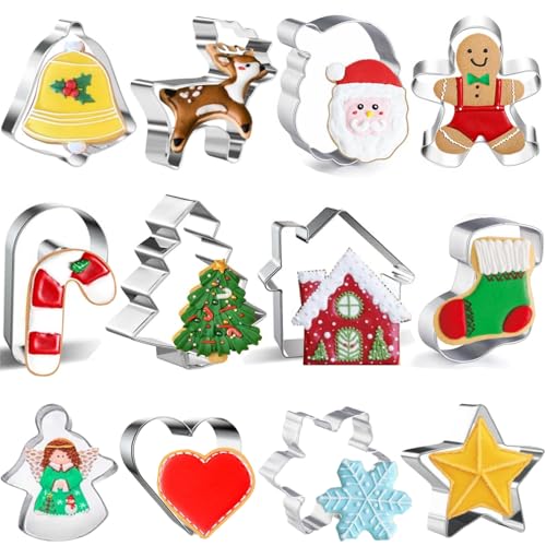 FINEVERNEK Cortadores de bolachas de Natal 12 peças, moldes de aço inoxidável para o Natal, moldes de bolachas de Natal, forma de pai Natal, flocos de neve, árvore de Natal